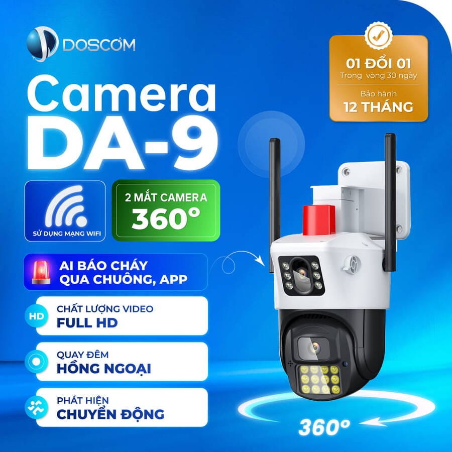 Camera báo cháy trong nhà 2 ống kính kép xem 360 độ DA9 Doscom