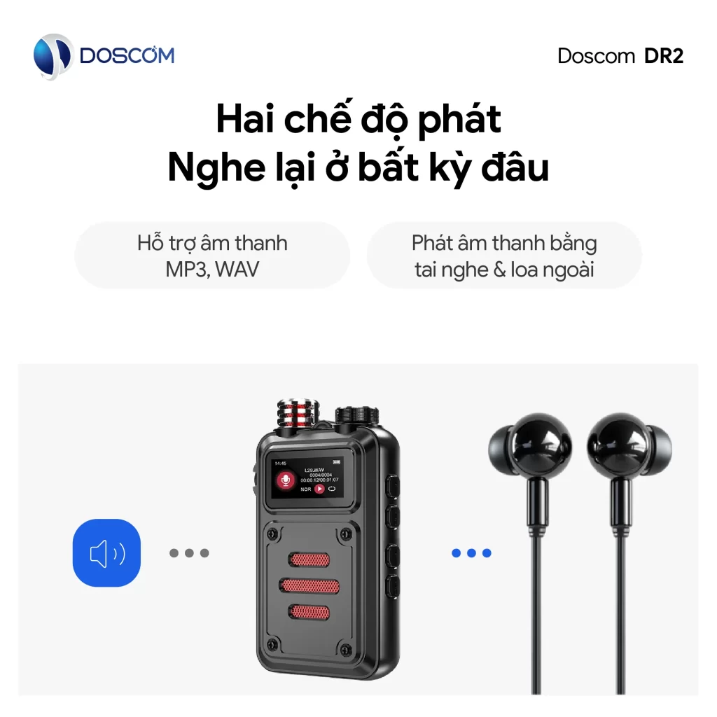 Thiết bị ghi âm DR2 Doscom hỗ trợ phát lại ngay trên thiết bị