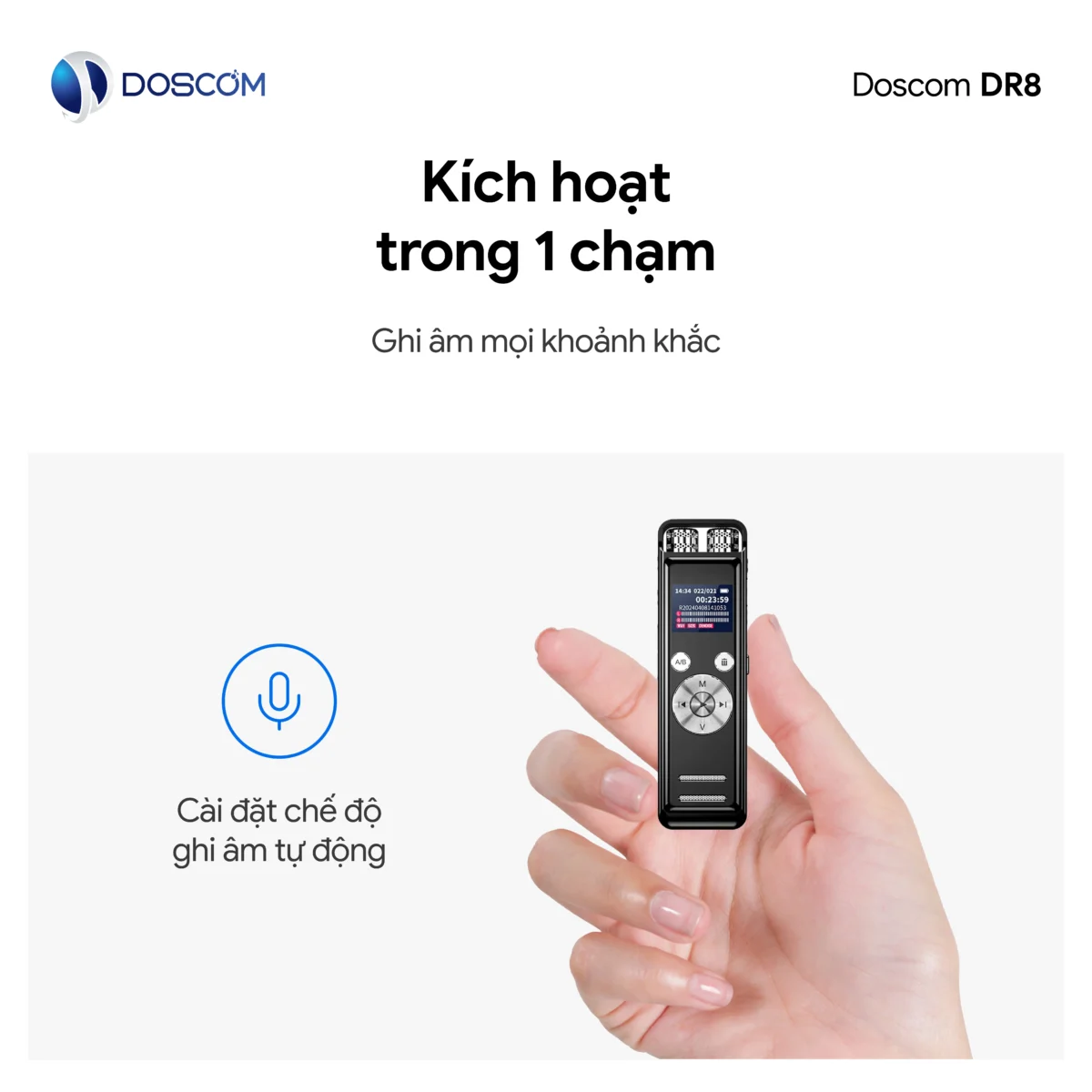 Thiết bị ghi âm DR8 Doscom - Ghi âm linh hoạt với 1 chạm