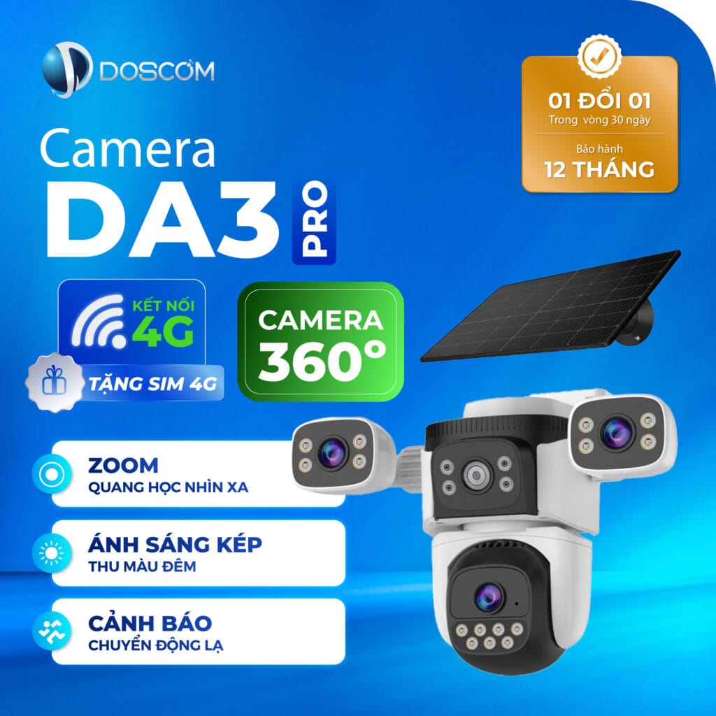 Camera DA3 Pro Doscom với 3 ống kính, giám sát toàn cảnh, hỗ trợ 4G