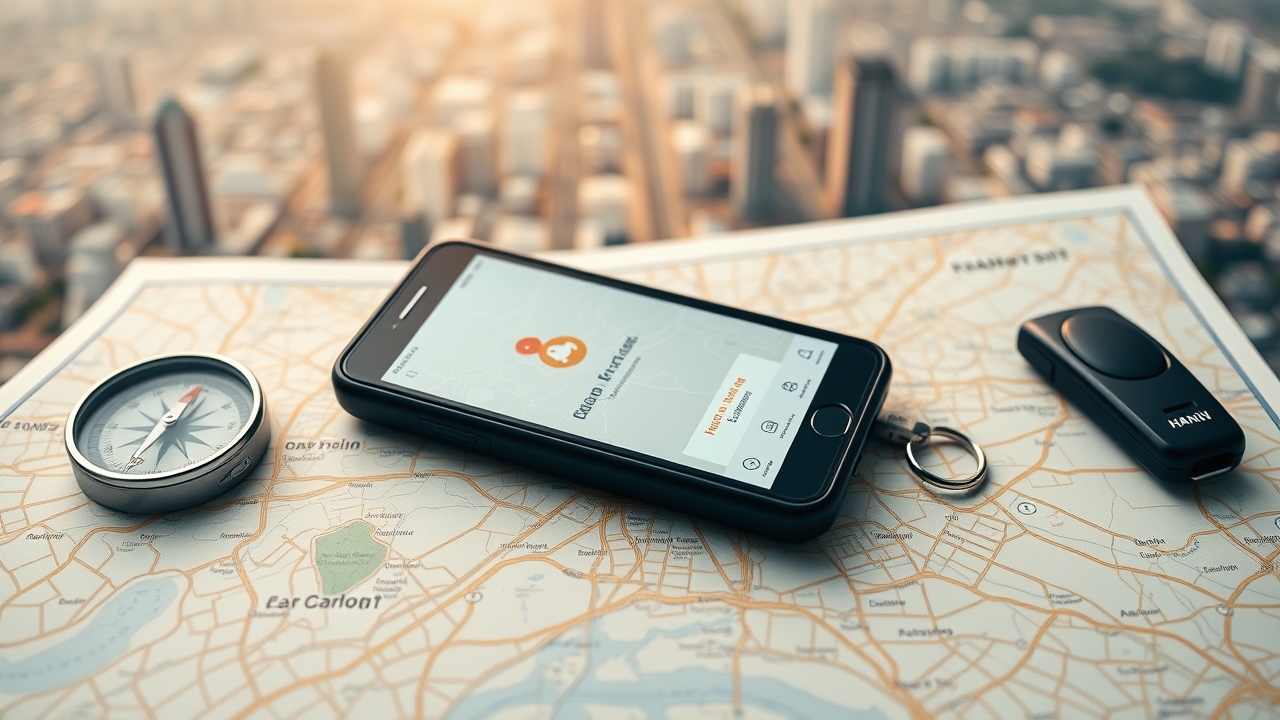 Thiết bị định vị GPS xe ô tô được đặt trên bản đồ chi tiết, hiển thị trên ứng dụng theo dõi thông minh, tượng trưng cho giải pháp định vị GPS hiện đại và an toàn cho xe hơi.
