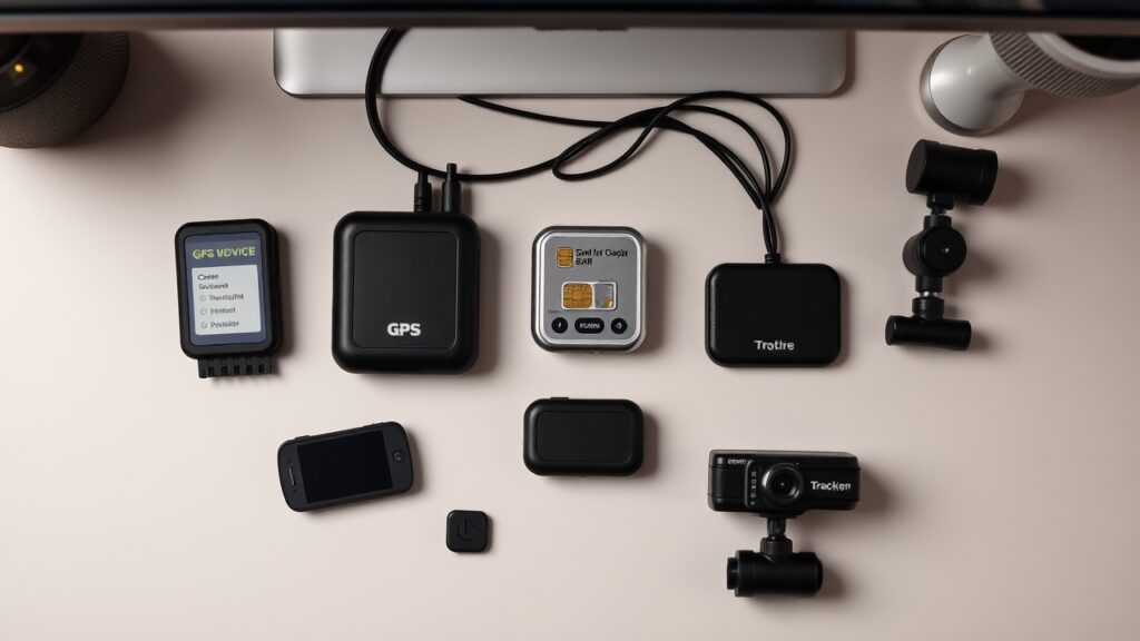 Bảng so sánh 5 loại GPS định vị xe ô tô: GPSLogger, OBD-II GPS, SIM GPS Tracker, Tracker từ tính, Camera hành trình GPS - đặt trên bàn làm việc hiện đại