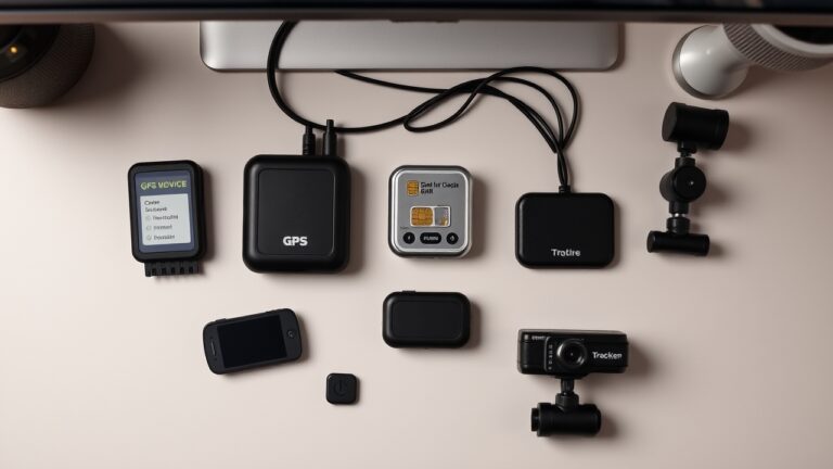 Bảng so sánh 5 loại GPS định vị xe ô tô: GPSLogger, OBD-II GPS, SIM GPS Tracker, Tracker từ tính, Camera hành trình GPS - đặt trên bàn làm việc hiện đại