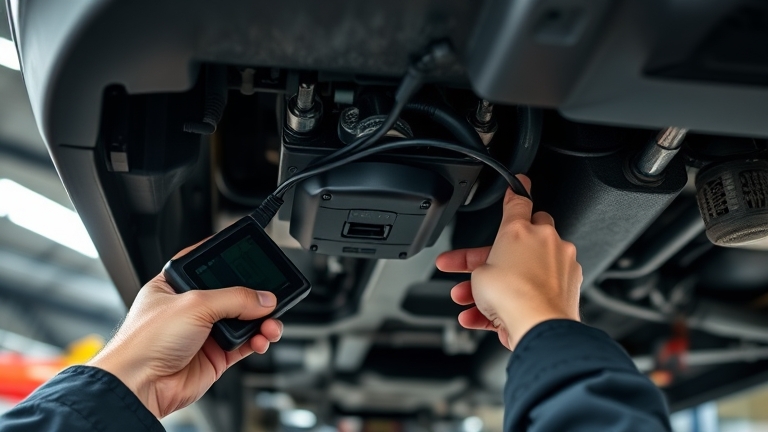 Kỹ thuật viên lắp đặt GPS định vị dưới gầm xe hoặc vào cổng OBD-II - hướng dẫn cài đặt đúng cách