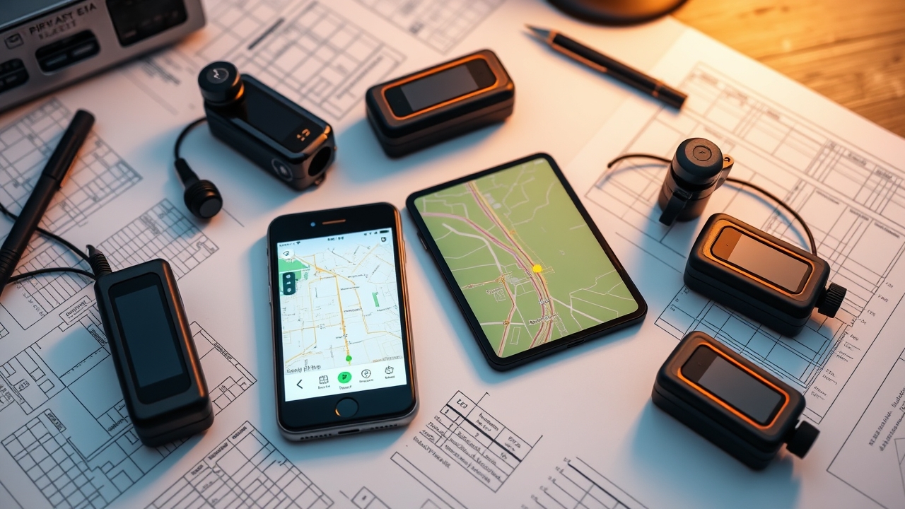 GPS tracker xe ô tô với các sản phẩm phổ biến được hiển thị trên bàn làm việc chuyên nghiệp, kèm điện thoại thông minh hiển thị ứng dụng tracking xe realtime trên bản đồ.