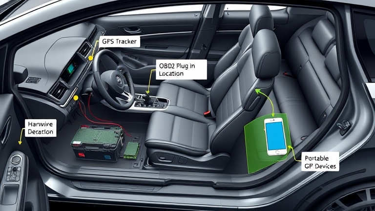 Hình minh hoạ 3 loại GPS tracker xe: tracker có dây, OBD2, tracker pin và cách lắp đặt trên xe ô tô, hiển thị cổng chẩn đoán và pin xe.