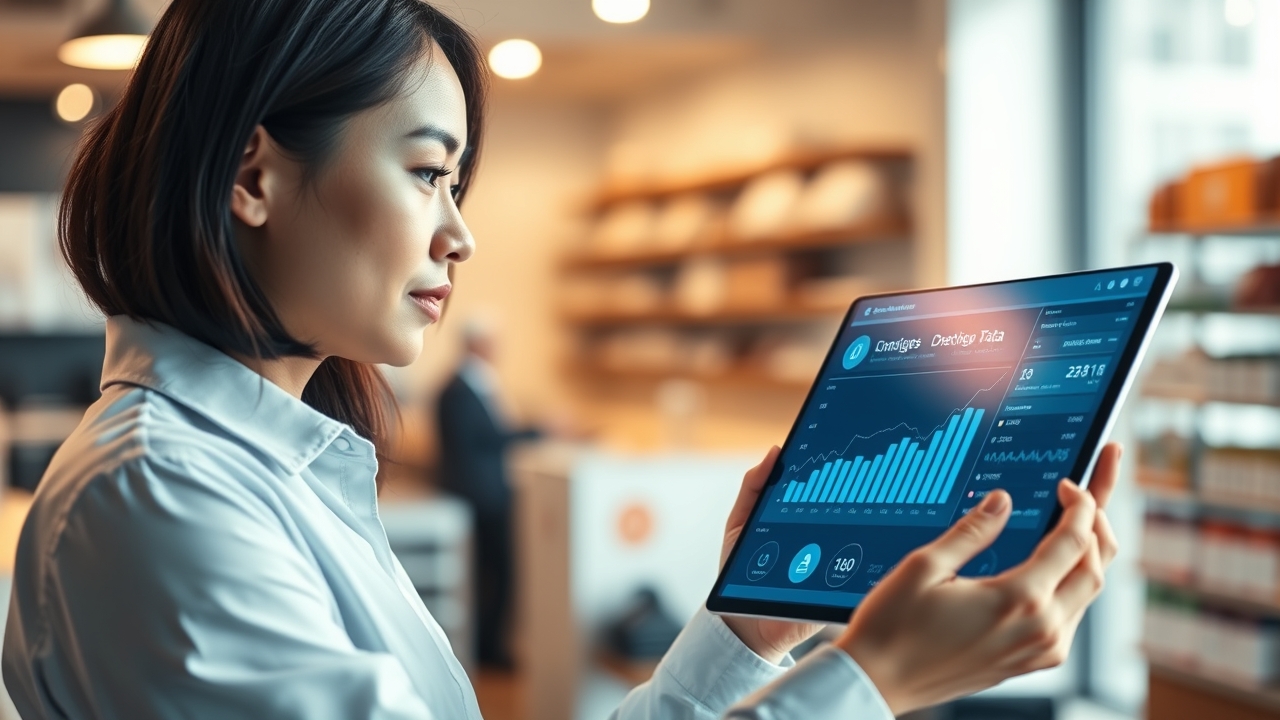 Chủ cửa hàng kiểm tra dashboard bảo mật dữ liệu bán hàng trên máy tính bảng, đảm bảo dữ liệu khách hàng được bảo vệ