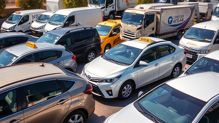 Các loại xe khác nhau từ xe cá nhân, taxi, xe tải để minh hoạ nhu cầu sử dụng camera hành trình phong phú