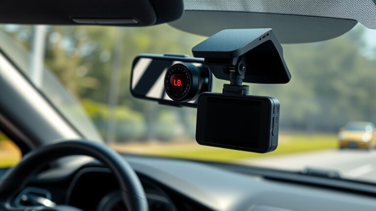 Camera hành trình hiện đại gắn trên kính chắn gió xe hơi, hiển thị độ phân giải cao và tính năng AI, được lắp đặt chuyên nghiệp trong xe
