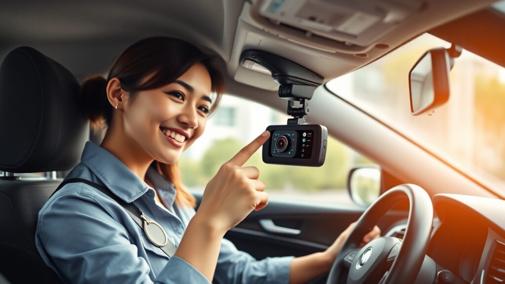 Tài xế taxi kiểm tra camera hành trình taxi có chất lượng cao trên kính chắn gió — thiết bị bảo vệ tài sản và giải quyết tranh chấp giao thông