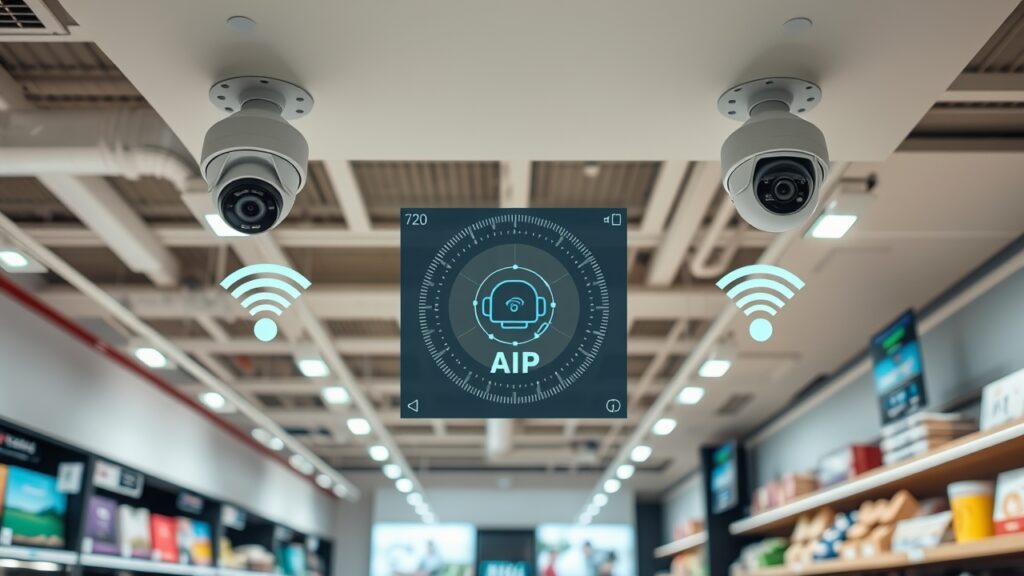 Cửa hàng bán lẻ lắp đặt camera mini giám sát giá rẻ ở các góc trần nhà, kết nối wifi và AI phát hiện chuyển động