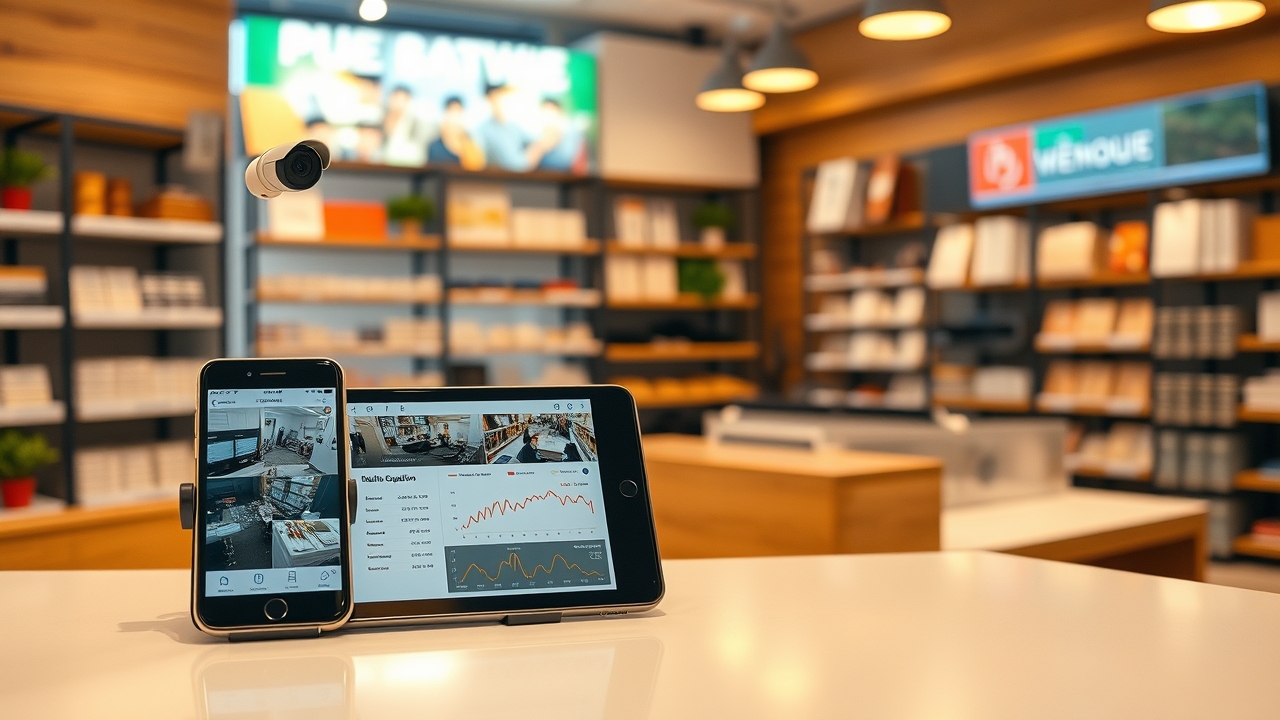 Hình ảnh camera mini giám sát giá rẻ lắp tại quầy hàng cửa shop, kết hợp hiển thị dữ liệu bán hàng trên điện thoại và tablet, minh hoạ cho giải pháp quản lý cửa hàng toàn diện.
