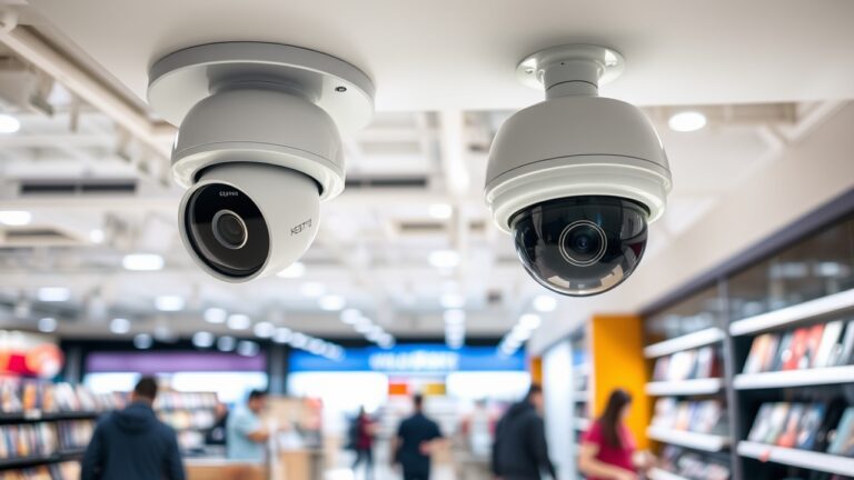 Camera wifi 4G 360 độ lắp đặt ở góc trần cửa hàng bán lẻ, thiết kế xoay toàn cảnh, môi trường kinh doanh chuyên nghiệp, giám sát 24/7