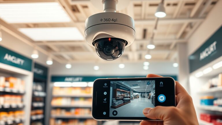 Camera wifi 4G sim 360 độ được lắp đặt trong cửa hàng bán lẻ hiện đại, hiển thị giao diện giám sát trực tiếp trên điện thoại thông minh