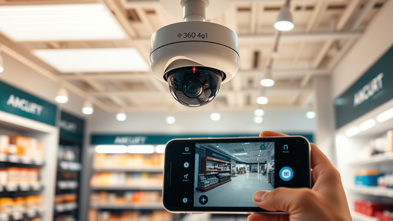 Camera wifi 4G sim 360 độ được lắp đặt trong cửa hàng bán lẻ hiện đại, hiển thị giao diện giám sát trực tiếp trên điện thoại thông minh