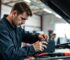 Thợ sửa xe đang kiểm tra kích bình ô tô trong garage, giúp chọn bình phù hợp với công suất xe