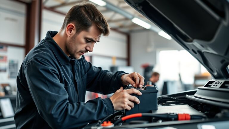 Thợ sửa xe đang kiểm tra kích bình ô tô trong garage, giúp chọn bình phù hợp với công suất xe