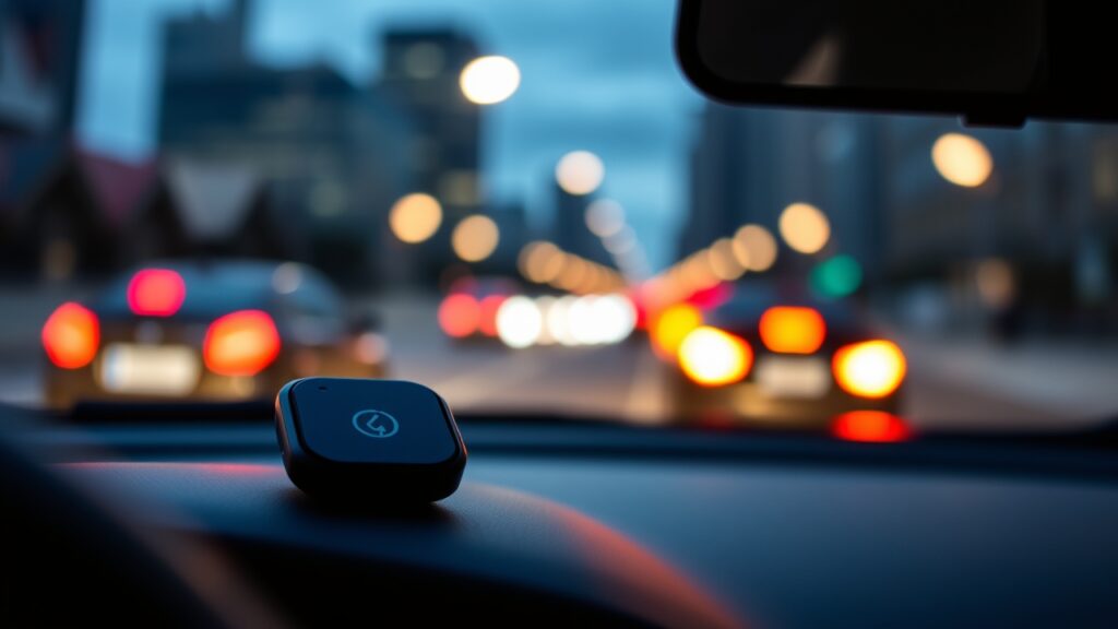 Thiết bị định vị GPS bí mật xe ô tô mini màu đen đặt trên taplo xe hơi, ảnh chuyên nghiệp minh hoạ cho loại định vị GPS nhỏ gọn