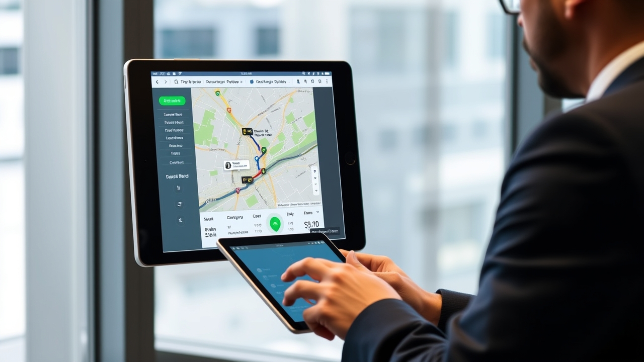Quản lý fleet đang giám sát vị trí xe ô tô bằng hệ thống định vị GPS công khai trên nền tảng phần mềm quản lý hiện đại