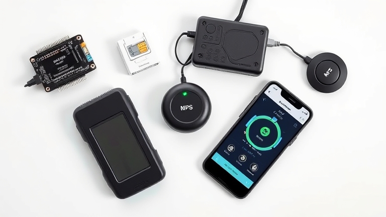 Bộ sưu tập 5 loại thiết bị định vị GPS khác nhau: GPS thực, OBD-II, Sim 4G, AirTag, và ứng dụng điện thoại quản lý bán hàng