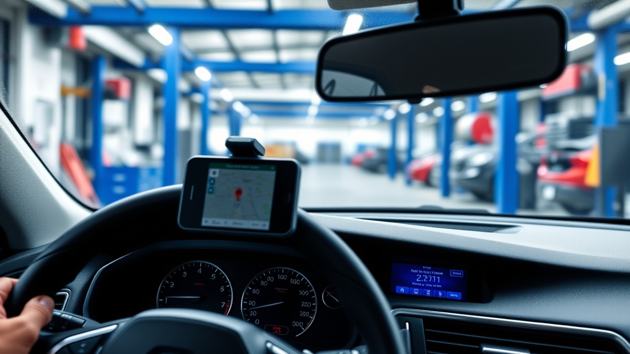 Thiết bị định vị GPS gắn trên kính lái ô tô, kết nối với điện thoại thông minh hiển thị vị trí xe, công nghệ định vị GPS hiện đại cho quản lý bán hàng