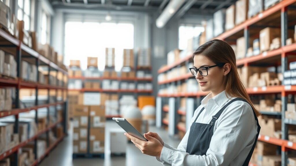 Chủ cửa hàng kiểm tra định vị tài sản quản lý bán hàng trên tablet tại kho hàng có tổ chức, giải pháp quản lý hàng hóa hiệu quả