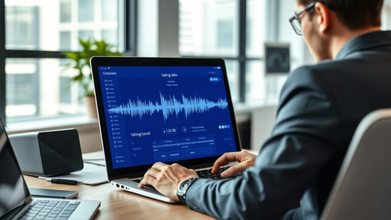 Ghi âm cuộc họp bán hàng tự động: Quản lý kiểm tra transcript AI trên phần mềm Doscom, với nội dung ghi âm và phân tích được hiển thị trên màn hình máy tính trong môi trường văn phòng chuyên nghiệp.