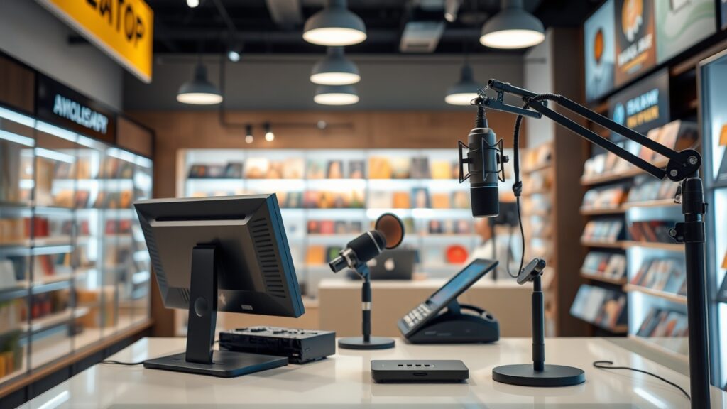 Ghi âm tự động giọng nói trong hệ thống POS Doscom tại cửa hàng bán lẻ, với microphone và thiết bị quản lý hiện đại