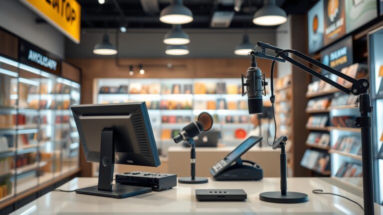 Ghi âm tự động giọng nói trong hệ thống POS Doscom tại cửa hàng bán lẻ, với microphone và thiết bị quản lý hiện đại