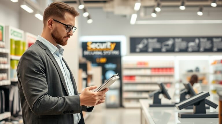 Chủ cửa hàng đang so sánh các giải pháp giám sát cửa hàng trên tablet, đứng trong cửa hàng hiện đại có quầy POS, thể hiện quy trình quyết định lựa chọn công nghệ bảo mật tối ưu.