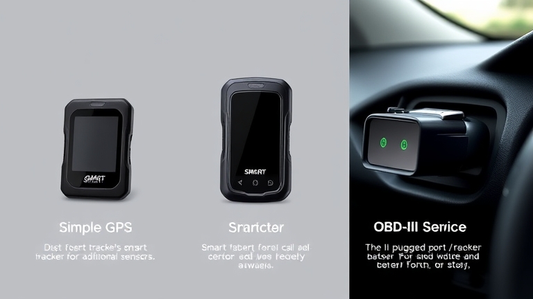 Hình ảnh so sánh ba loại GPS ô tô: GPS đơn giản, GPS tracker thông minh và GPS OBD-II để lắp GPS ô tô lựa chọn phù hợp