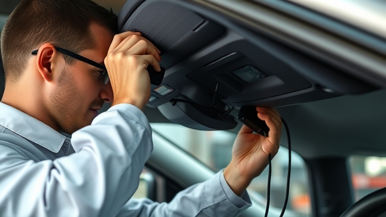 Nhân viên kỹ thuật đang thực hiện lắp GPS ô tô với kỹ thuật đúng cách, che giấu dây điện và kiểm tra tín hiệu
