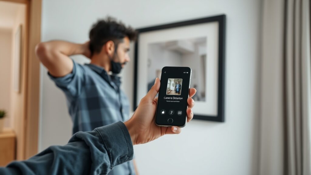 Hình ảnh một người dùng ứng dụng phát hiện camera trên điện thoại để kiểm tra và phát hiện camera quay lén trong phòng, giúp bảo vệ an toàn riêng tư cá nhân.