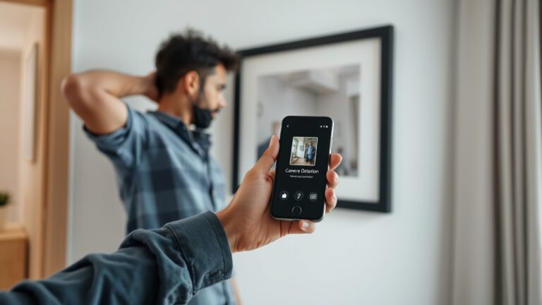 Hình ảnh một người dùng ứng dụng phát hiện camera trên điện thoại để kiểm tra và phát hiện camera quay lén trong phòng, giúp bảo vệ an toàn riêng tư cá nhân.