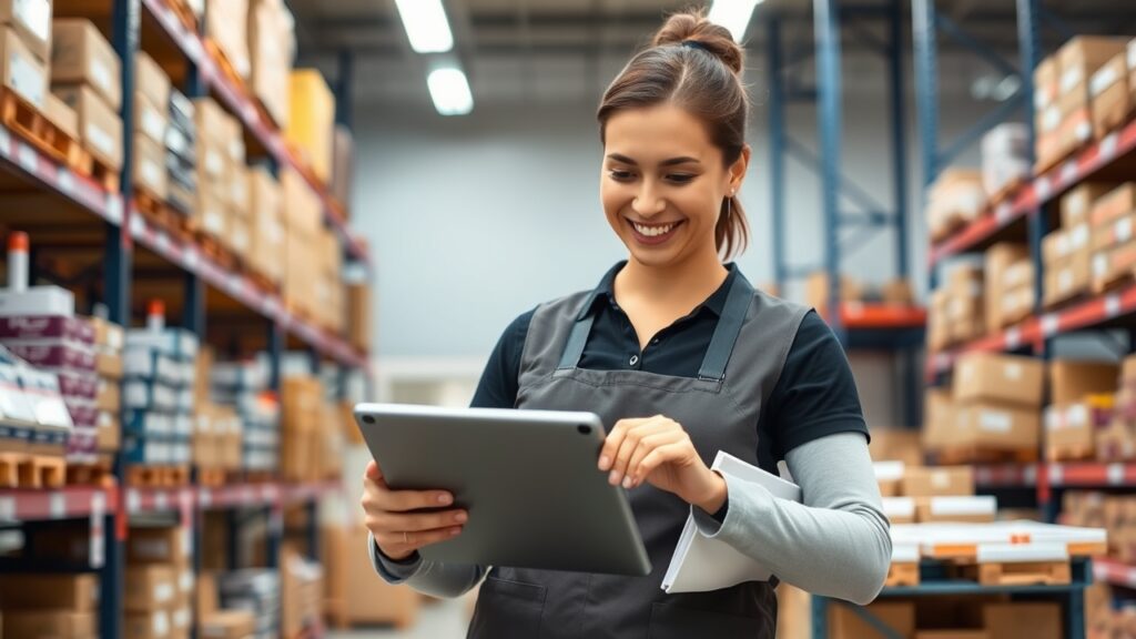 Quản lý bán hàng sử dụng tablet để theo dõi tồn kho real-time và quản lý hàng hóa trong cửa hàng bán lẻ, nền là kệ hàng được sắp xếp gọn gàng