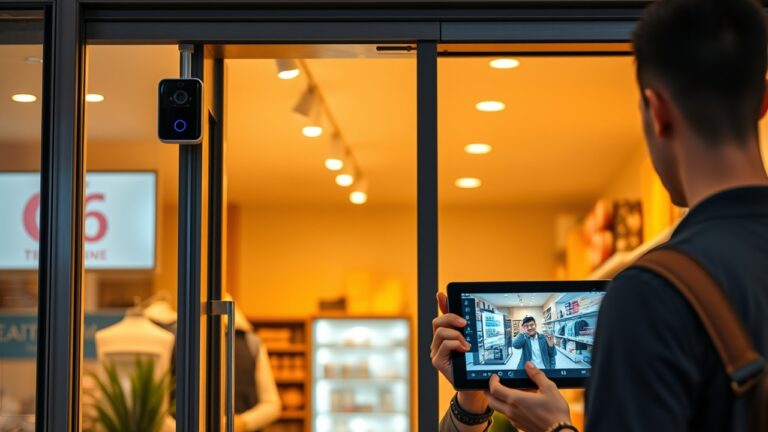 Chuông cửa thông minh có camera lắp đặt ở cửa hàng bán lẻ, hiển thị hình ảnh khách hàng trên màn hình thiết bị quản lý, giúp giám sát an toàn cửa hàng và phân tích khách hàng đến cửa