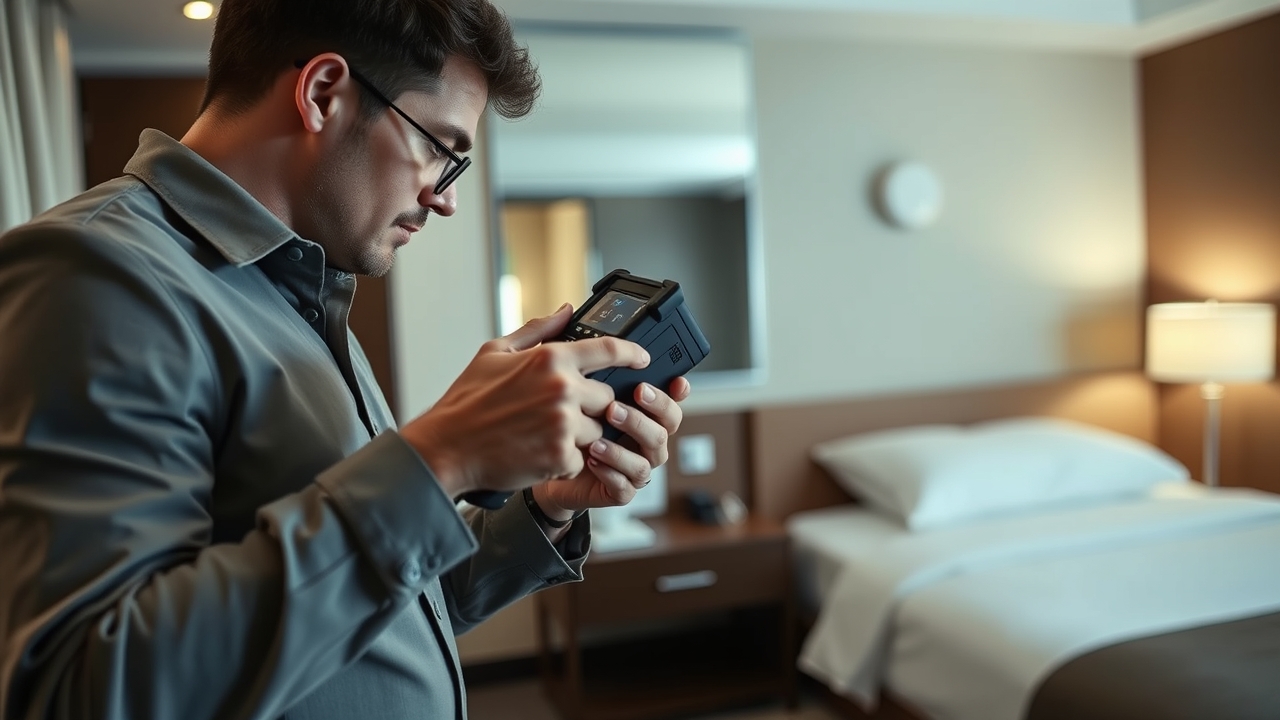 Hình ảnh người sử dụng máy dò camera ẩn Doscom D1 để kiểm tra phòng khách sạn, bảo vệ quyền riêng tư khỏi thiết bị theo dõi trái phép.