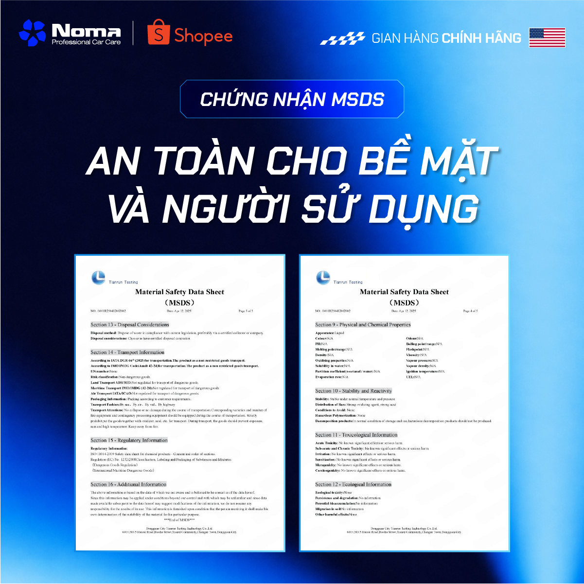 Chứng nhận MSDS - Bọt vệ sinh Noma680 an toàn cho bề mặt và người dùng