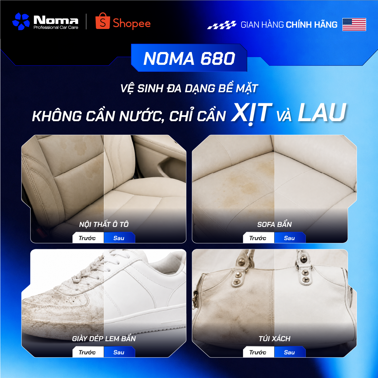 Bọt vệ sinh Noma680 làm sạch ghế da ô tô, sofa bàn, giày dép, túi xách