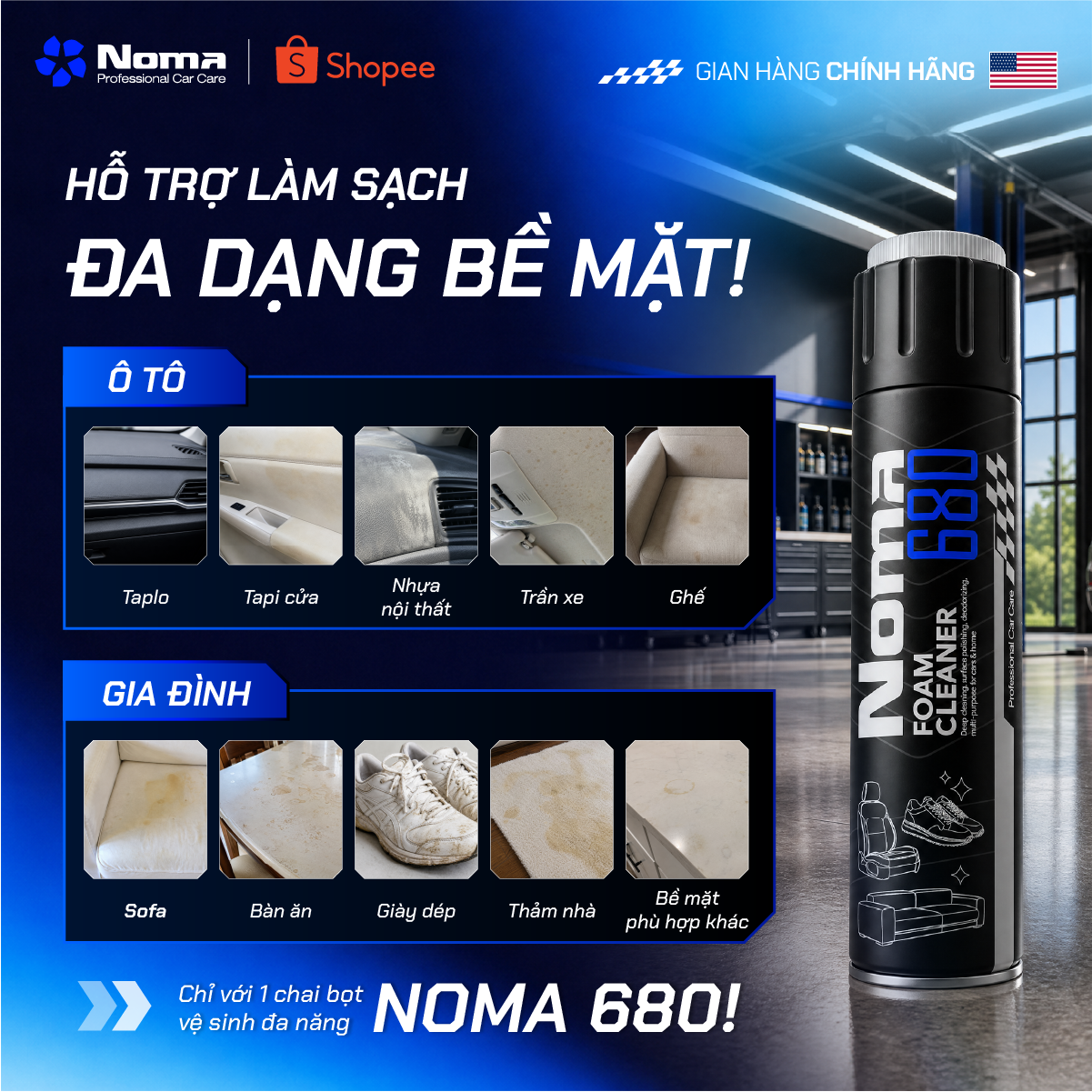 Noma680 vệ sinh đa năng cho ô tô, gia đình - taplo, cửa, nhựa, trần, ghế
