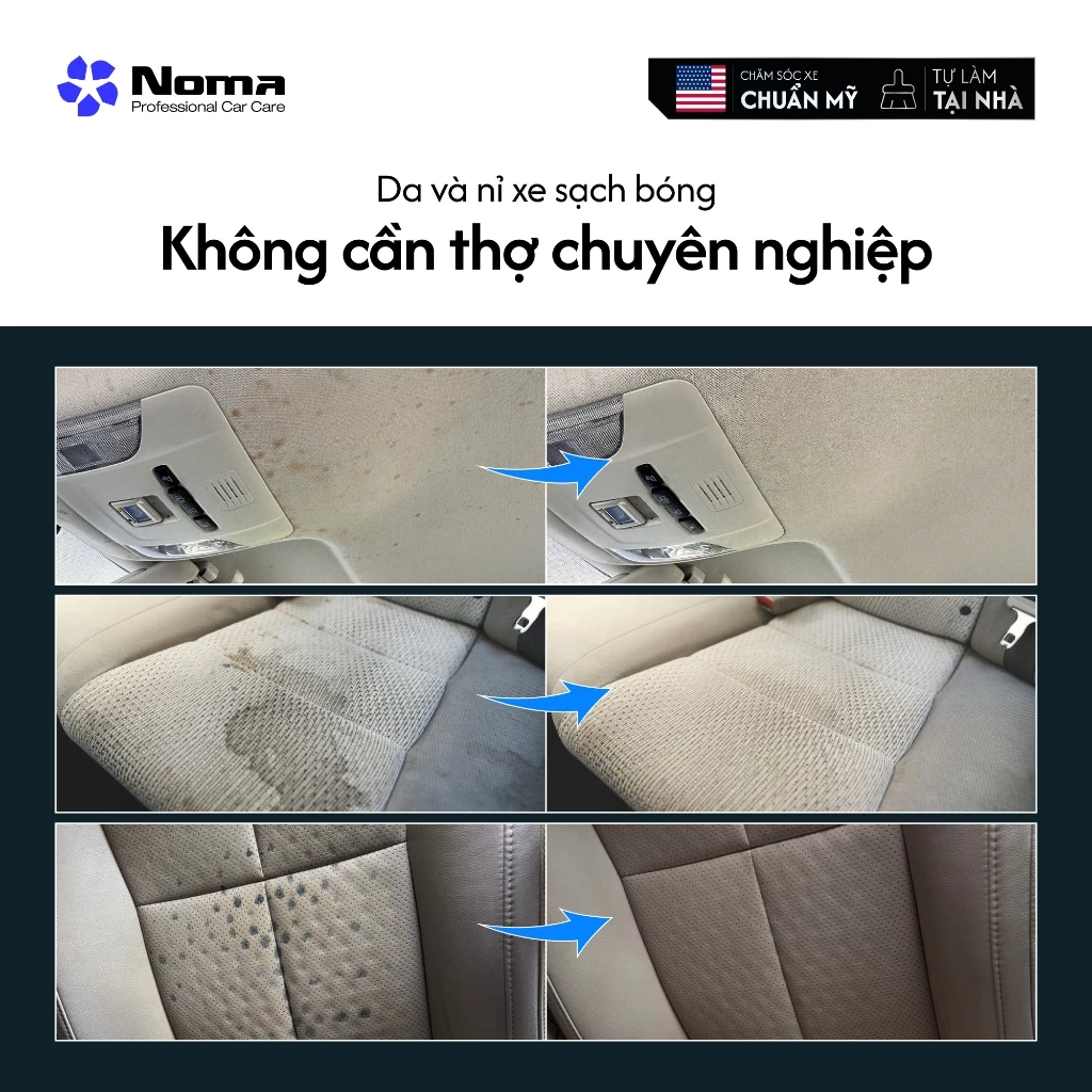 Trước sau khi sử dụng NOMA 692: trần xe, ghế nỉ, ghế da sạch bóng