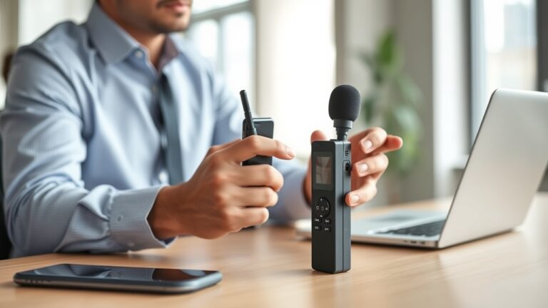 Doanh nhân sử dụng máy ghi âm chuyên dụng Doscom DR1 để ghi âm tự động cuộc họp trong văn phòng, so sánh với smartphone trên bàn làm việc.