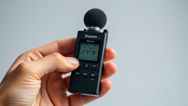 Máy ghi âm Doscom DR1 với tính năng Voice Activation – chi tiết lỗ micro, nút điều khiển và màn hình hiển thị