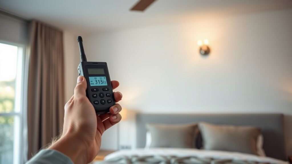 Người sử dụng máy dò camera ẩn Doscom D1 để quét phòng ngủ, kiểm tra các góc nghi ngờ như cốc nước, đèn bàn