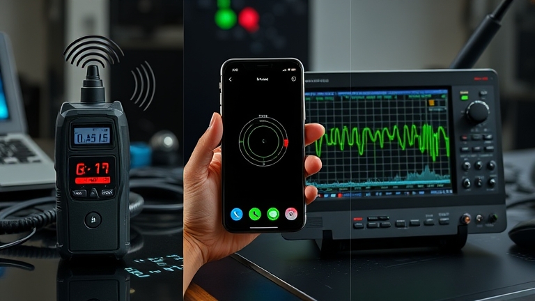 So sánh các phương pháp phát hiện thiết bị nghe lén: máy dò RF (Doscom D1), ứng dụng điện thoại, máy dò chuyên nghiệp (Doscom D5)