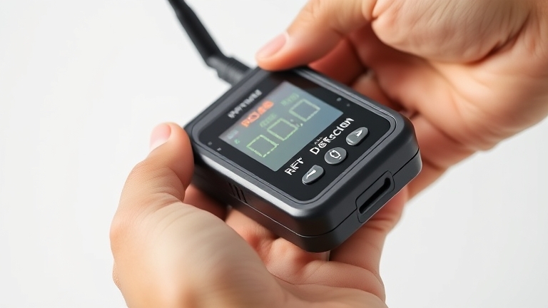 Máy dò Doscom D1 với các chỉ báo LED và anten nhạy cảm, minh hoạ cách hoạt động phát hiện sóng radio