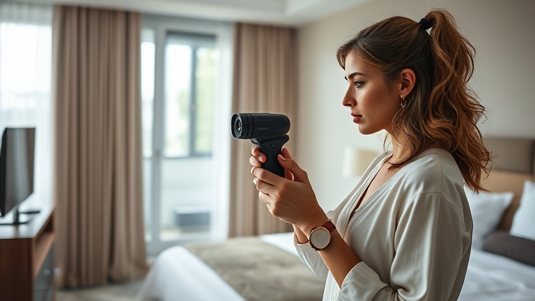 Người phụ nữ sử dụng máy dò camera ẩn để kiểm tra phòng khách sạn, thể hiện tình huống thực tế cần bảo vệ riêng tư