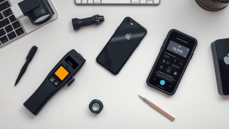 Máy dò camera ẩn và các công cụ phát hiện thủ công được sắp xếp trên bàn làm việc hiện đại, thể hiện so sánh giữa giải pháp chuyên nghiệp và phương pháp tự kiểm tra