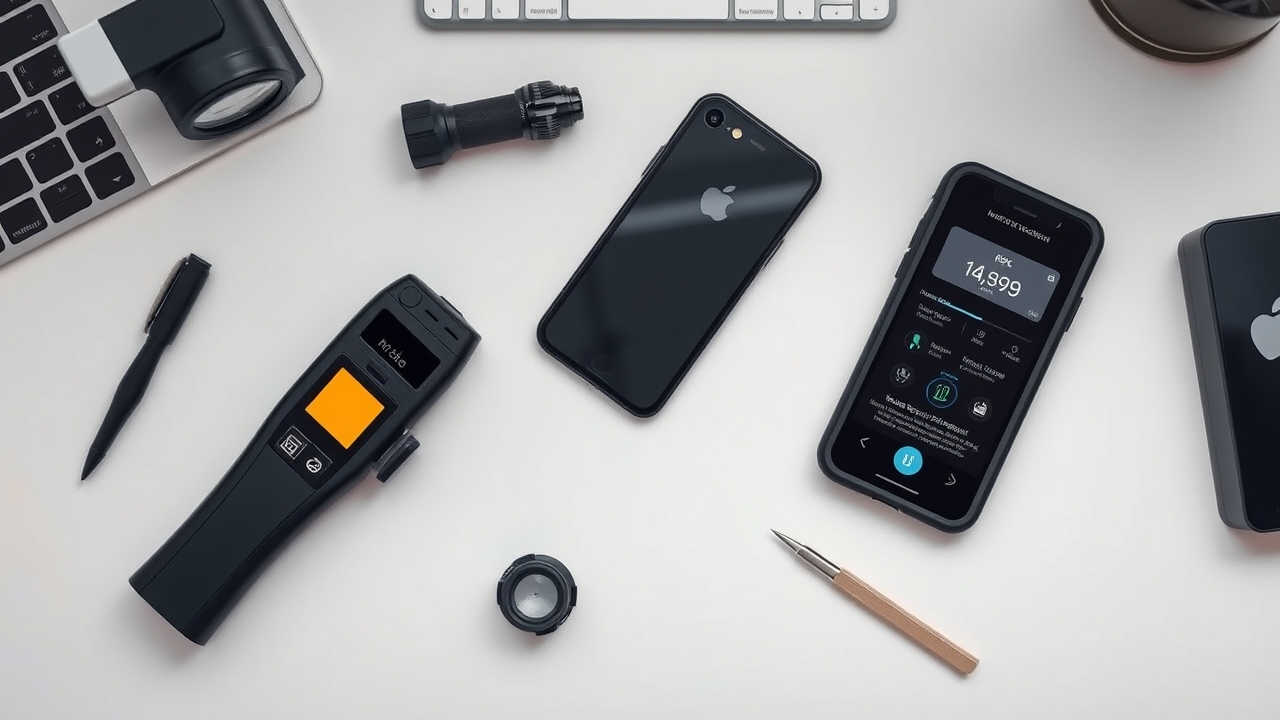 Máy dò camera ẩn và các công cụ phát hiện thủ công được sắp xếp trên bàn làm việc hiện đại, thể hiện so sánh giữa giải pháp chuyên nghiệp và phương pháp tự kiểm tra