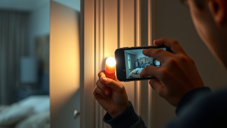 Người dùng kiểm tra camera ẩn bằng đèn pin và smartphone, phương pháp thủ công phát hiện đơn giản